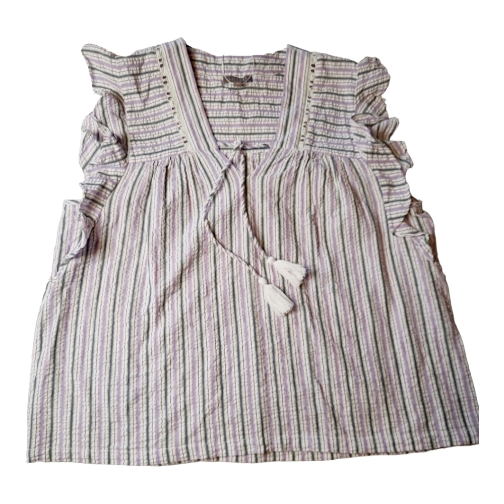 NWOT* Lilla P* Cotton* Ruffle Sleeve* V-Neck/Tie * Top* Multicolor Stripe* Sz XL